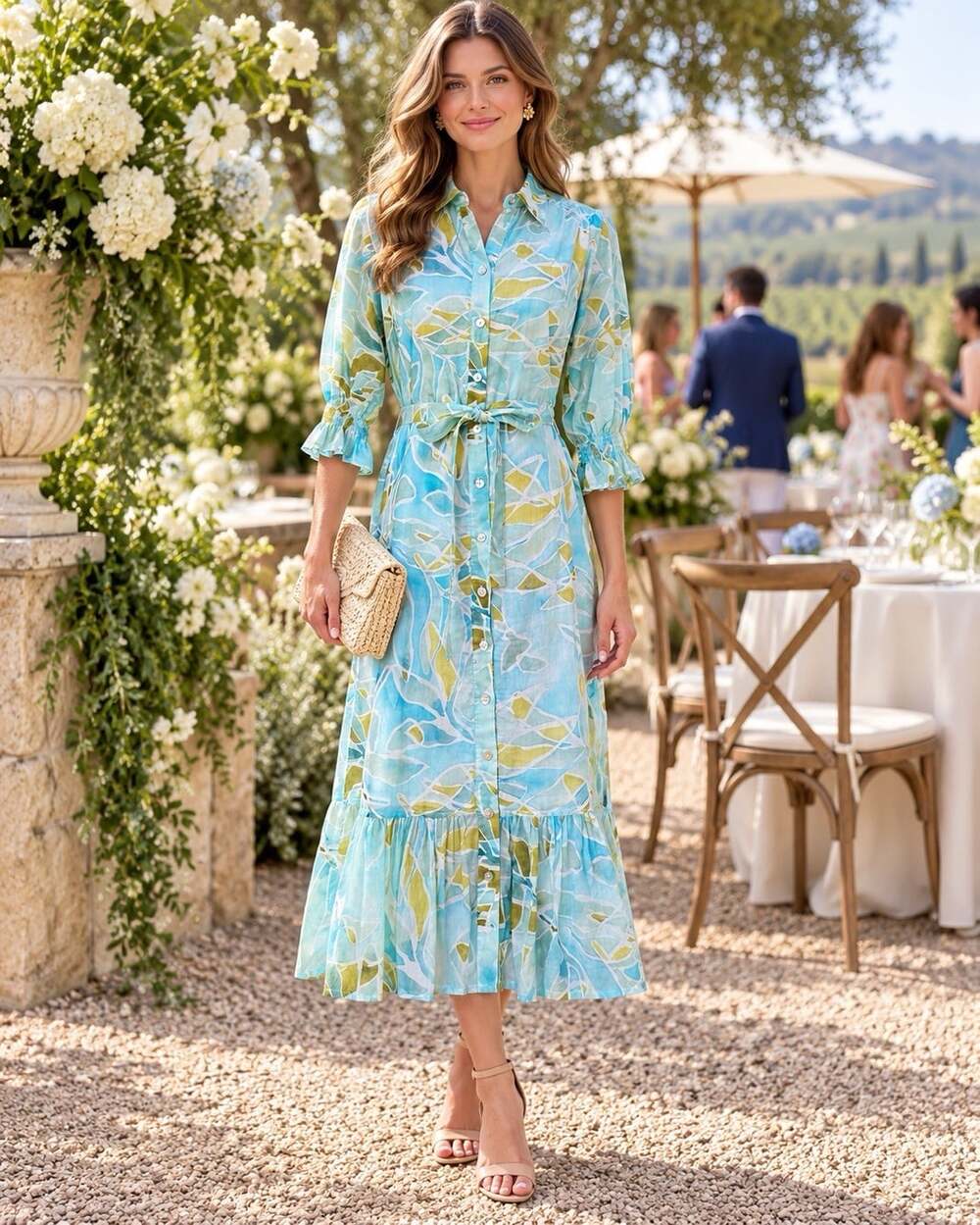 Finley XS Blue Green Botanical Shirt Dress Ruffle Belted Tiered Button USA Aqua